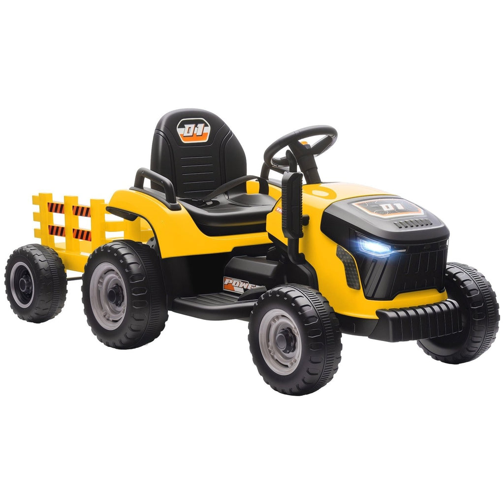 AIYAPLAY 12V Ride on Tractor and Trailer with Remote Control, Music, Shifter, Start-Up Sound, for Kids Ages 3-8 Years, Yellow - SGP Garden Ltd