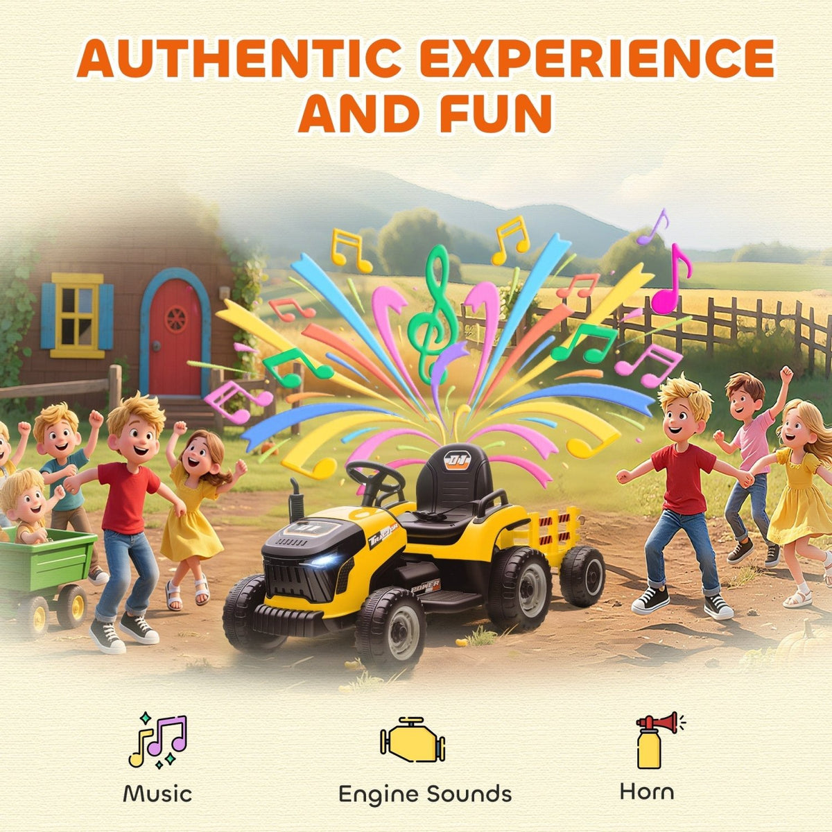 AIYAPLAY 12V Ride on Tractor and Trailer with Remote Control, Music, Shifter, Start-Up Sound, for Kids Ages 3-8 Years, Yellow - SGP Garden Ltd
