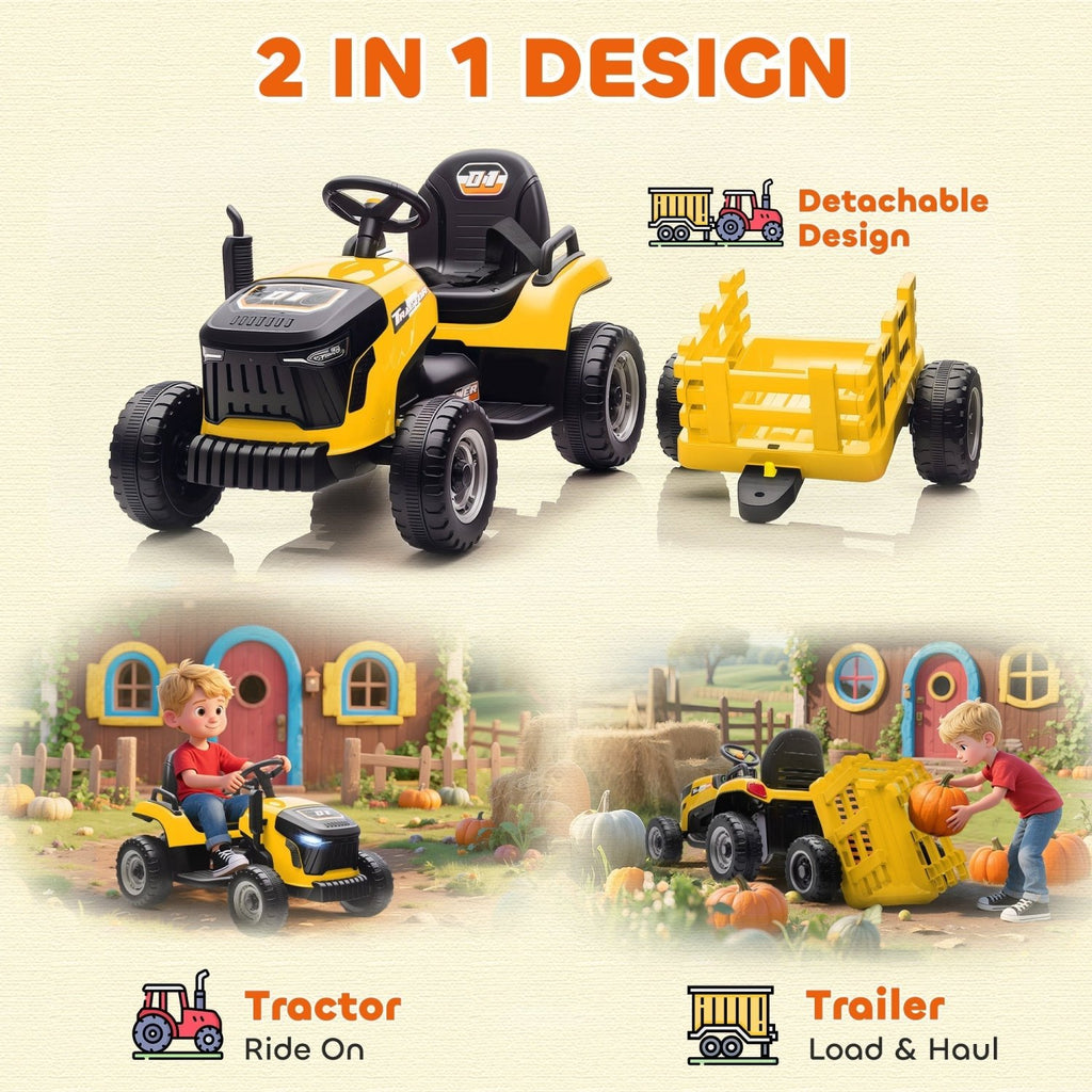 AIYAPLAY 12V Ride on Tractor and Trailer with Remote Control, Music, Shifter, Start-Up Sound, for Kids Ages 3-8 Years, Yellow - SGP Garden Ltd
