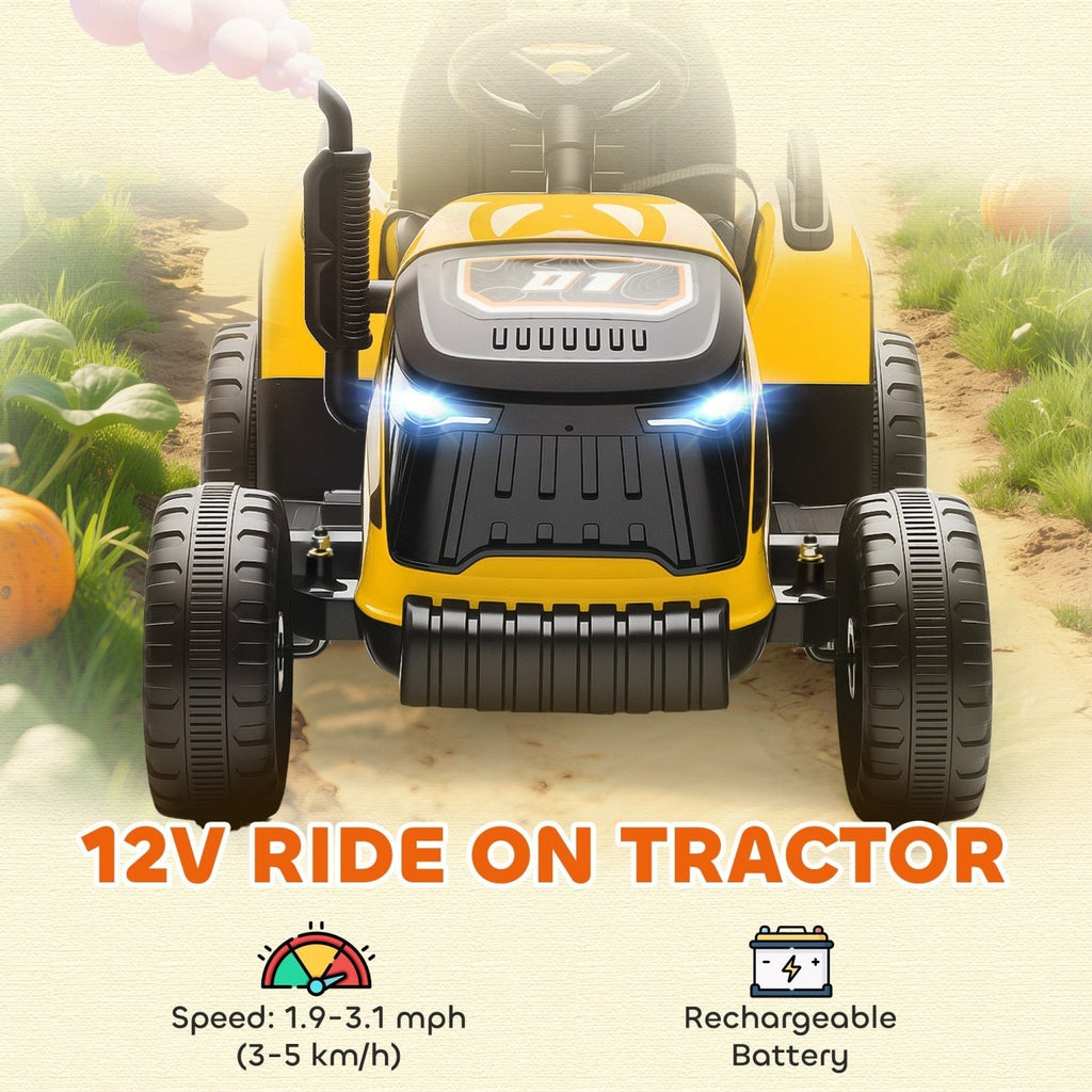 AIYAPLAY 12V Ride on Tractor and Trailer with Remote Control, Music, Shifter, Start-Up Sound, for Kids Ages 3-8 Years, Yellow - SGP Garden Ltd