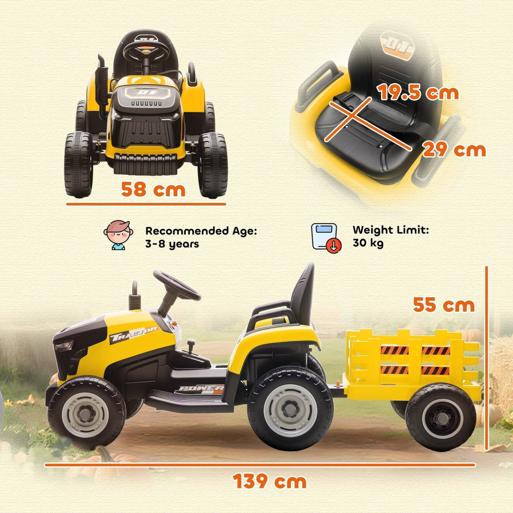 AIYAPLAY 12V Ride on Tractor and Trailer with Remote Control, Music, Shifter, Start-Up Sound, for Kids Ages 3-8 Years, Yellow - SGP Garden Ltd