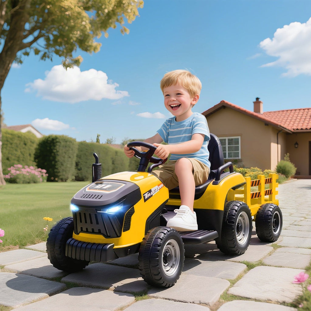 AIYAPLAY 12V Ride on Tractor and Trailer with Remote Control, Music, Shifter, Start-Up Sound, for Kids Ages 3-8 Years, Yellow - SGP Garden Ltd
