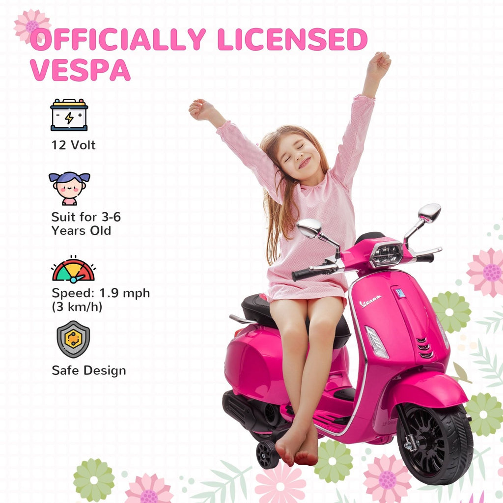 AIYAPLAY 12V Vespa Licensed Kids Electric Motorbike w/ Music, Headlights, FM Radio, for 3-6 Years - Pink - SGP Garden Ltd