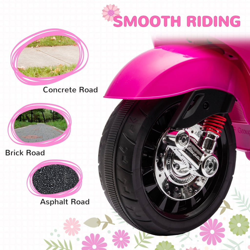 AIYAPLAY 12V Vespa Licensed Kids Electric Motorbike w/ Music, Headlights, FM Radio, for 3-6 Years - Pink - SGP Garden Ltd