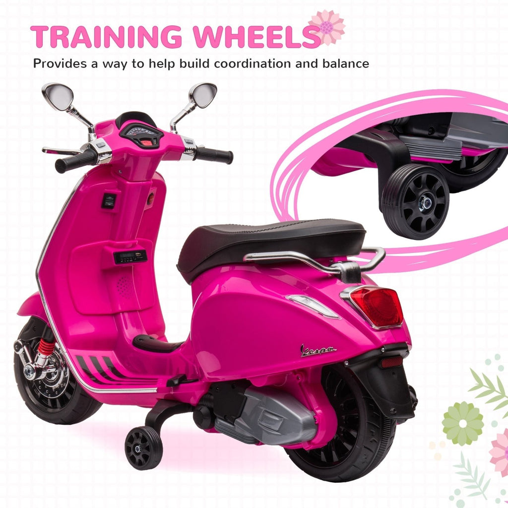 AIYAPLAY 12V Vespa Licensed Kids Electric Motorbike w/ Music, Headlights, FM Radio, for 3-6 Years - Pink - SGP Garden Ltd