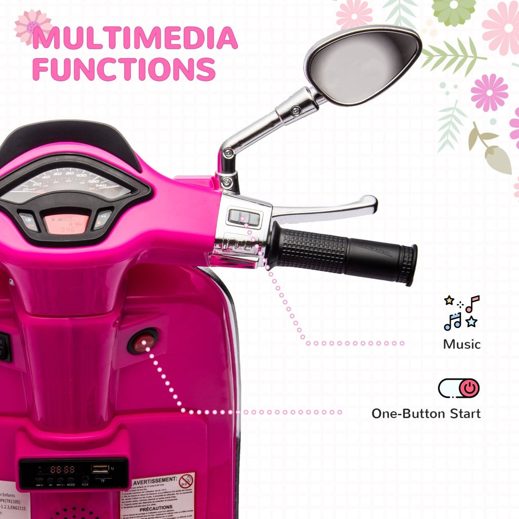 AIYAPLAY 12V Vespa Licensed Kids Electric Motorbike w/ Music, Headlights, FM Radio, for 3-6 Years - Pink - SGP Garden Ltd
