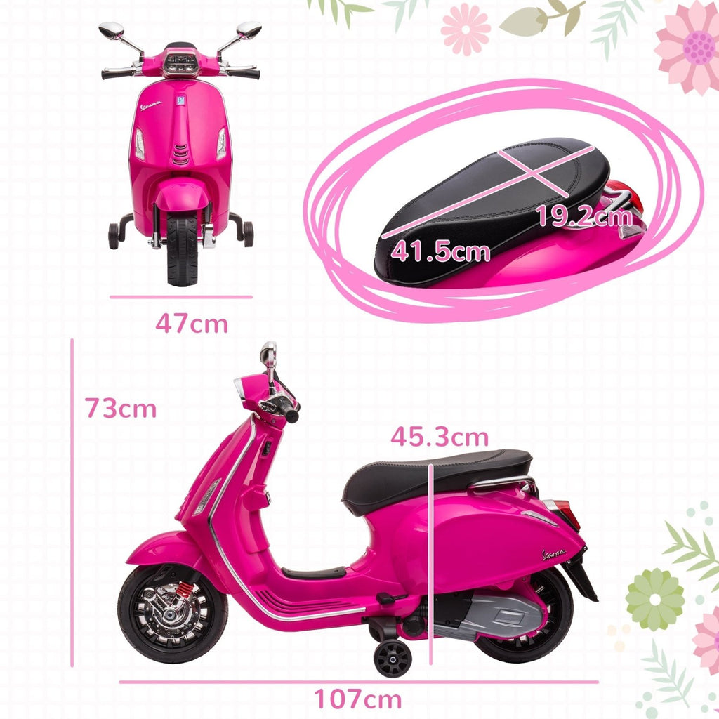 AIYAPLAY 12V Vespa Licensed Kids Electric Motorbike w/ Music, Headlights, FM Radio, for 3-6 Years - Pink - SGP Garden Ltd
