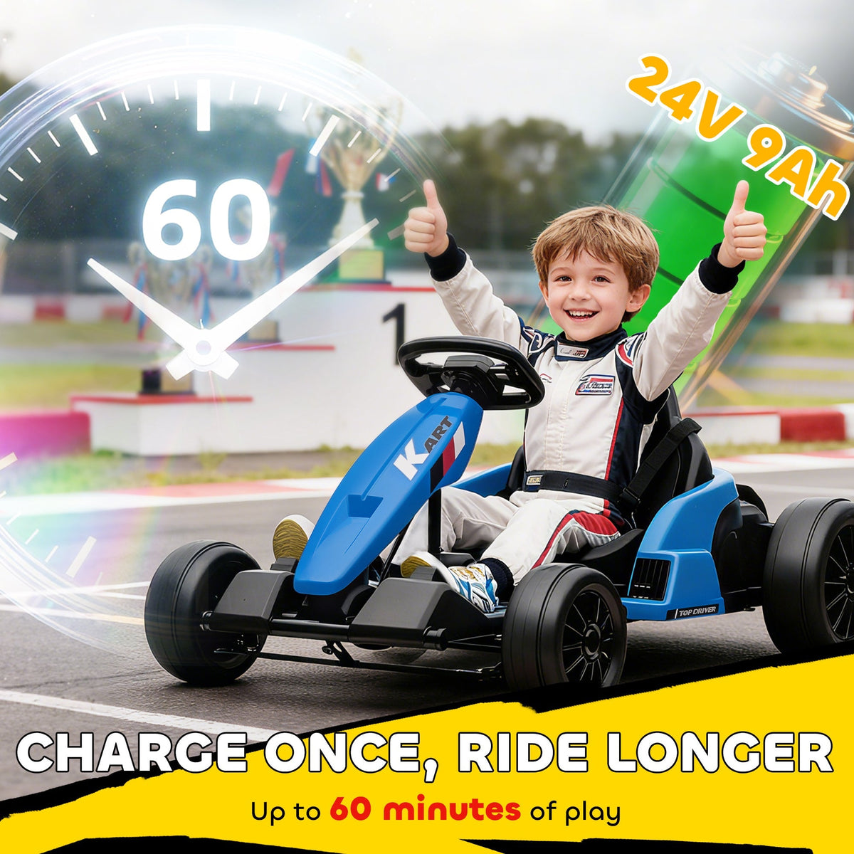 AIYAPLAY 24V Electric Go Kart, Drift Kart with Adjustable Seat, Slow Start, 5-Point Harness, Music, Horn, for 6-12 Years, Blue - SGP Garden Ltd