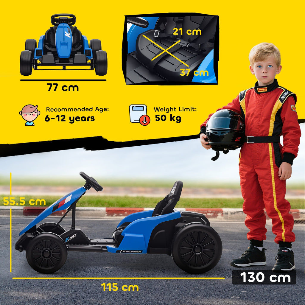 AIYAPLAY 24V Electric Go Kart, Drift Kart with Adjustable Seat, Slow Start, 5-Point Harness, Music, Horn, for 6-12 Years, Blue - SGP Garden Ltd