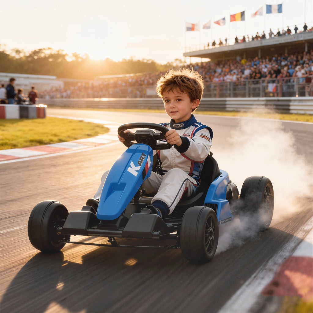 AIYAPLAY 24V Electric Go Kart, Drift Kart with Adjustable Seat, Slow Start, 5-Point Harness, Music, Horn, for 6-12 Years, Blue - SGP Garden Ltd