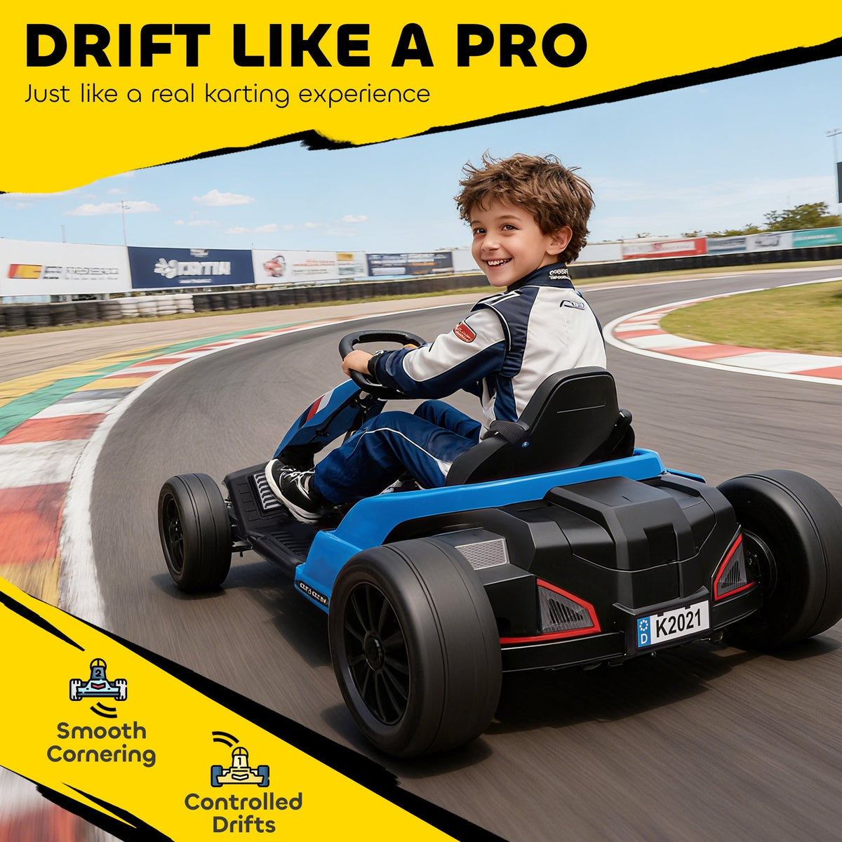 AIYAPLAY 24V Electric Go Kart, Drift Kart with Adjustable Seat, Slow Start, 5-Point Harness, Music, Horn, for 6-12 Years, Blue - SGP Garden Ltd