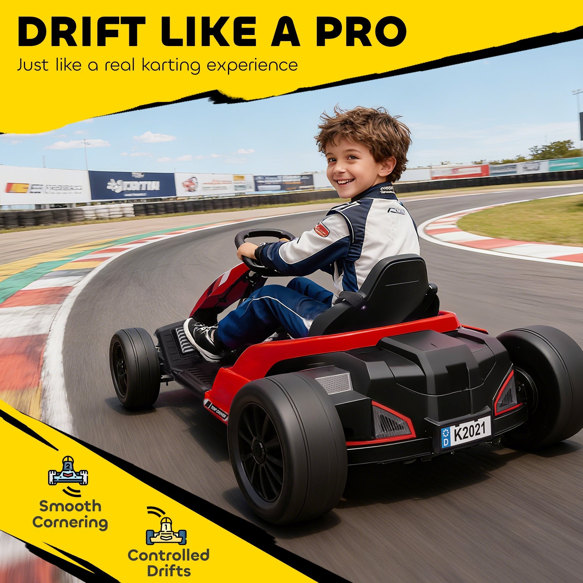 AIYAPLAY 24V Electric Go Kart, Drift Kart with Adjustable Seat, Slow Start, 5-Point Harness, Music, Horn, for 6-12 Years, Red - SGP Garden Ltd