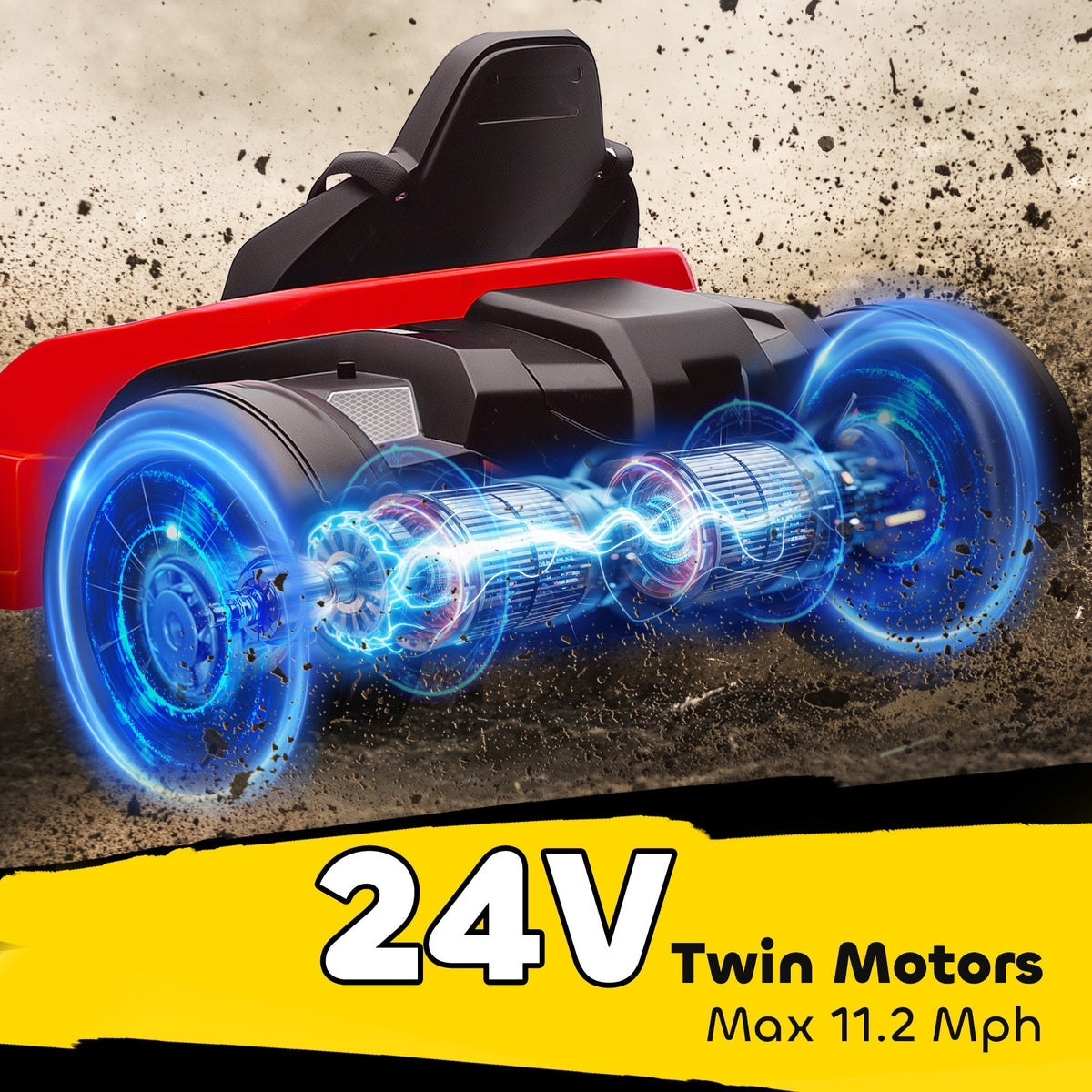 AIYAPLAY 24V Electric Go Kart, Drift Kart with Adjustable Seat, Slow Start, 5-Point Harness, Music, Horn, for 6-12 Years, Red - SGP Garden Ltd