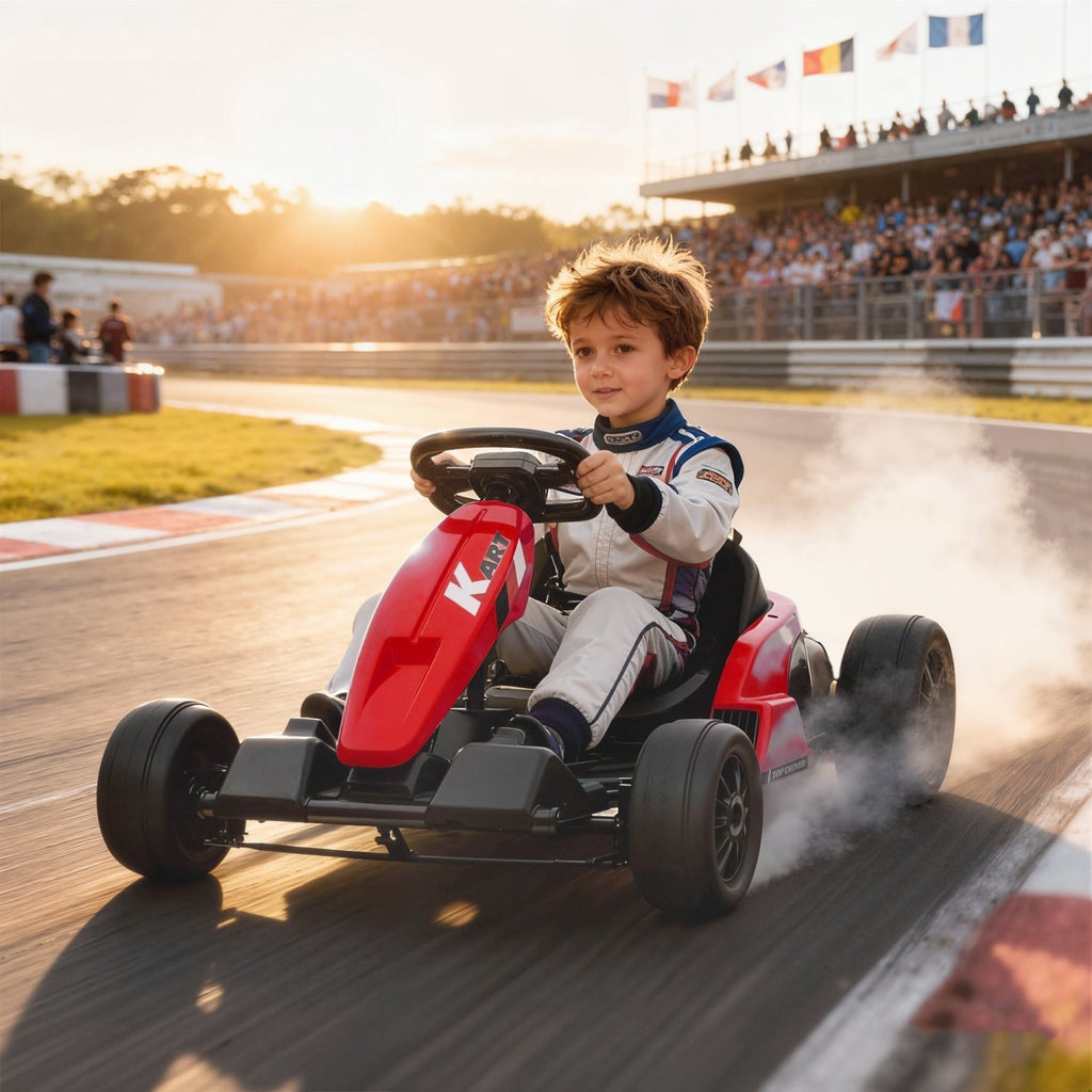 AIYAPLAY 24V Electric Go Kart, Drift Kart with Adjustable Seat, Slow Start, 5-Point Harness, Music, Horn, for 6-12 Years, Red - SGP Garden Ltd