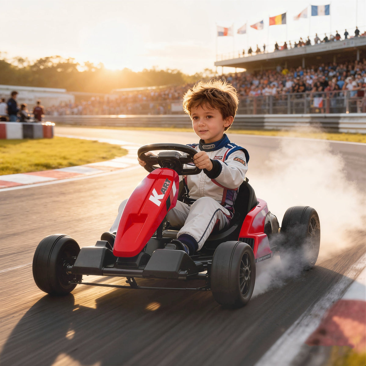 AIYAPLAY 24V Electric Go Kart, Drift Kart with Adjustable Seat, Slow Start, 5-Point Harness, Music, Horn, for 6-12 Years, Red - SGP Garden Ltd