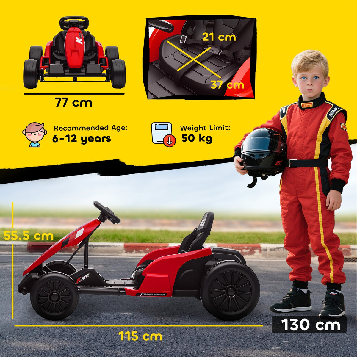 AIYAPLAY 24V Electric Go Kart, Drift Kart with Adjustable Seat, Slow Start, 5-Point Harness, Music, Horn, for 6-12 Years, Red - SGP Garden Ltd