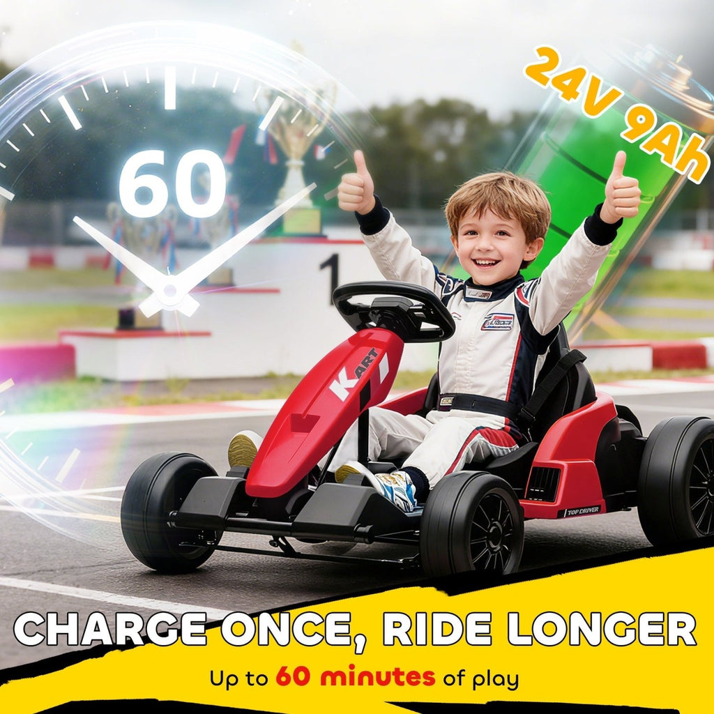 AIYAPLAY 24V Electric Go Kart, Drift Kart with Adjustable Seat, Slow Start, 5-Point Harness, Music, Horn, for 6-12 Years, Red - SGP Garden Ltd