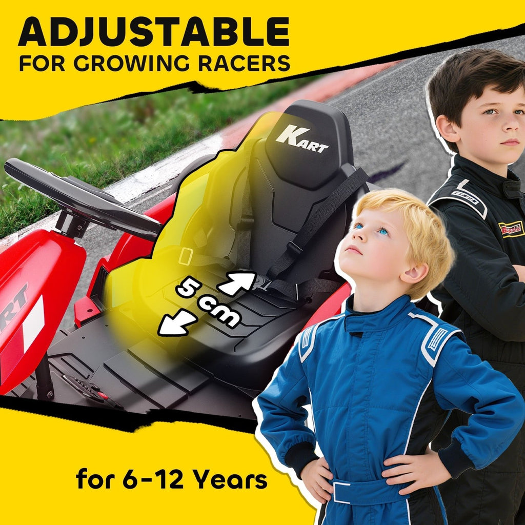 AIYAPLAY 24V Electric Go Kart, Drift Kart with Adjustable Seat, Slow Start, 5-Point Harness, Music, Horn, for 6-12 Years, Red - SGP Garden Ltd