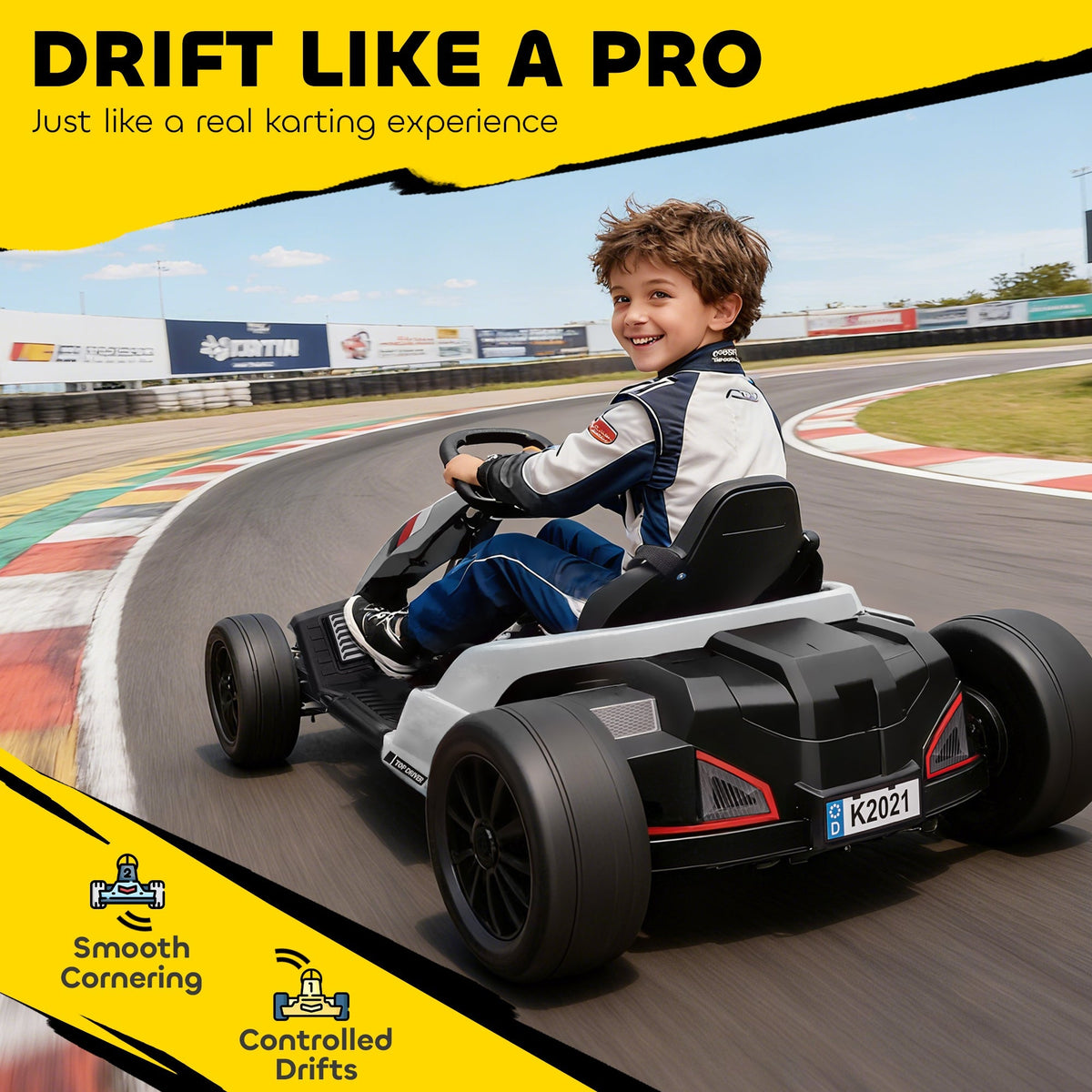 AIYAPLAY 24V Electric Go Kart, Drift Kart with Adjustable Seat, Slow Start, 5-Point Harness, Music, Horn, for 6-12 Years, White - SGP Garden Ltd