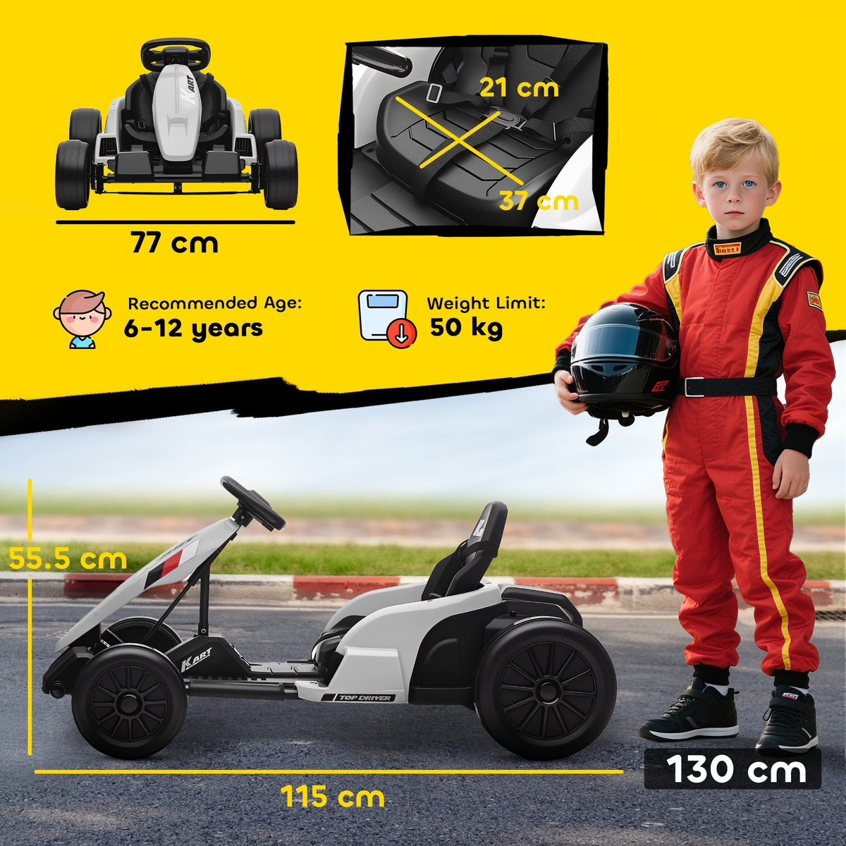 AIYAPLAY 24V Electric Go Kart, Drift Kart with Adjustable Seat, Slow Start, 5-Point Harness, Music, Horn, for 6-12 Years, White - SGP Garden Ltd