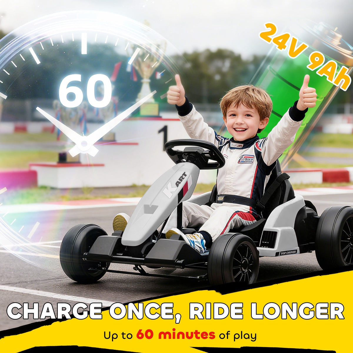AIYAPLAY 24V Electric Go Kart, Drift Kart with Adjustable Seat, Slow Start, 5-Point Harness, Music, Horn, for 6-12 Years, White - SGP Garden Ltd