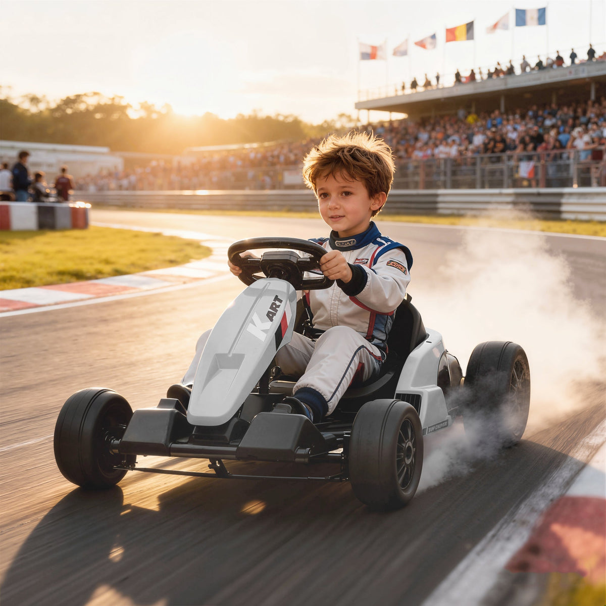 AIYAPLAY 24V Electric Go Kart, Drift Kart with Adjustable Seat, Slow Start, 5-Point Harness, Music, Horn, for 6-12 Years, White - SGP Garden Ltd