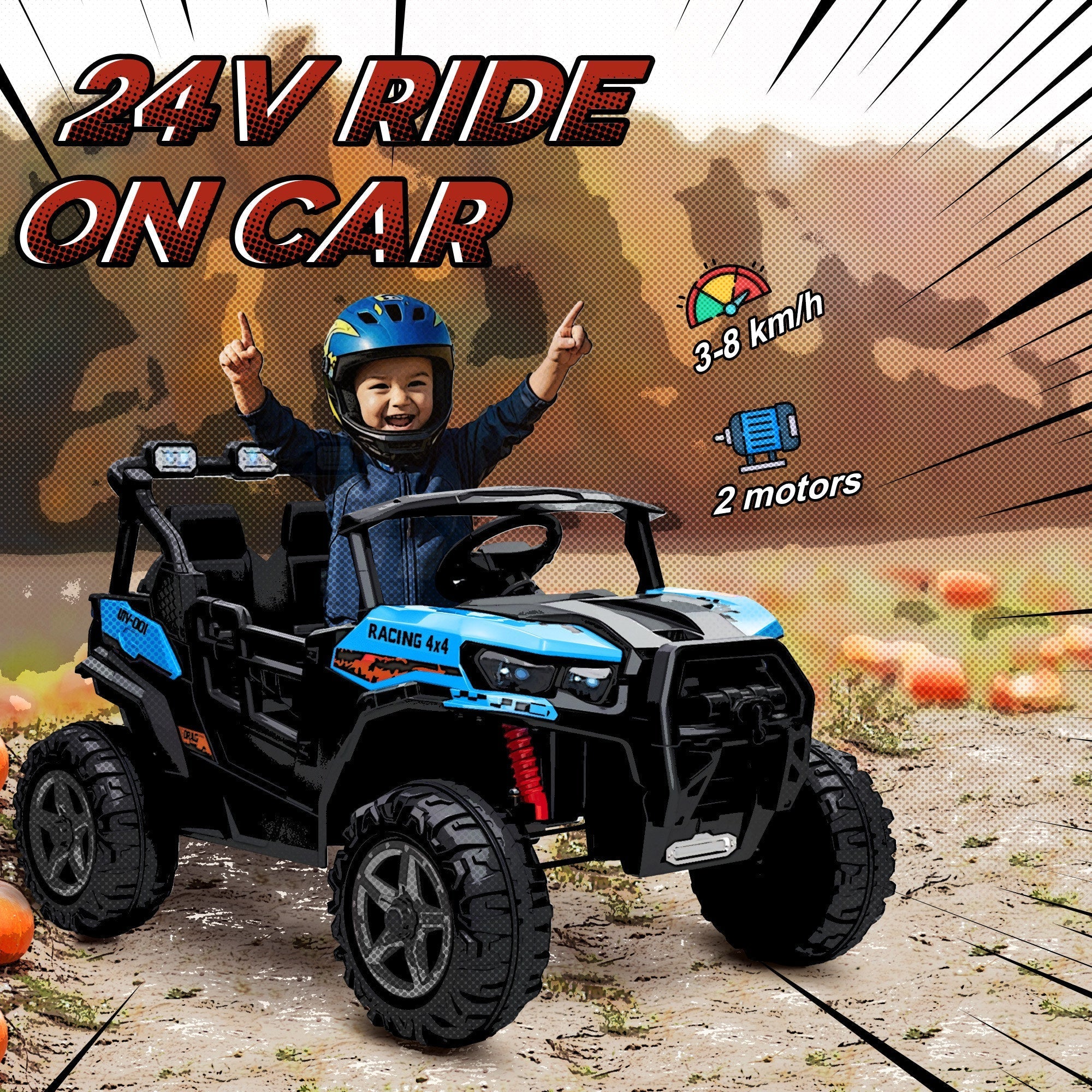 AIYAPLAY 24V Electric Ride on Car, 2-Seater Electric Car for Kids with Remote, Bluetooth, Soft Start, Suspension Spring, Blue - SGP Garden Ltd