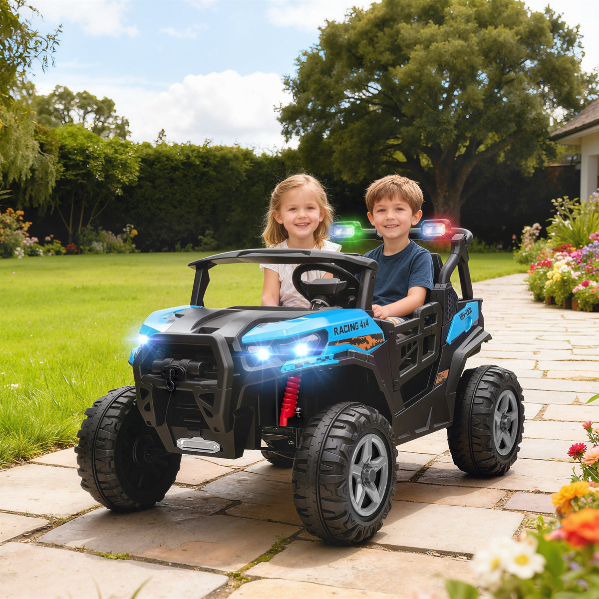 AIYAPLAY 24V Electric Ride on Car, 2-Seater Electric Car for Kids with Remote, Bluetooth, Soft Start, Suspension Spring, Blue - SGP Garden Ltd