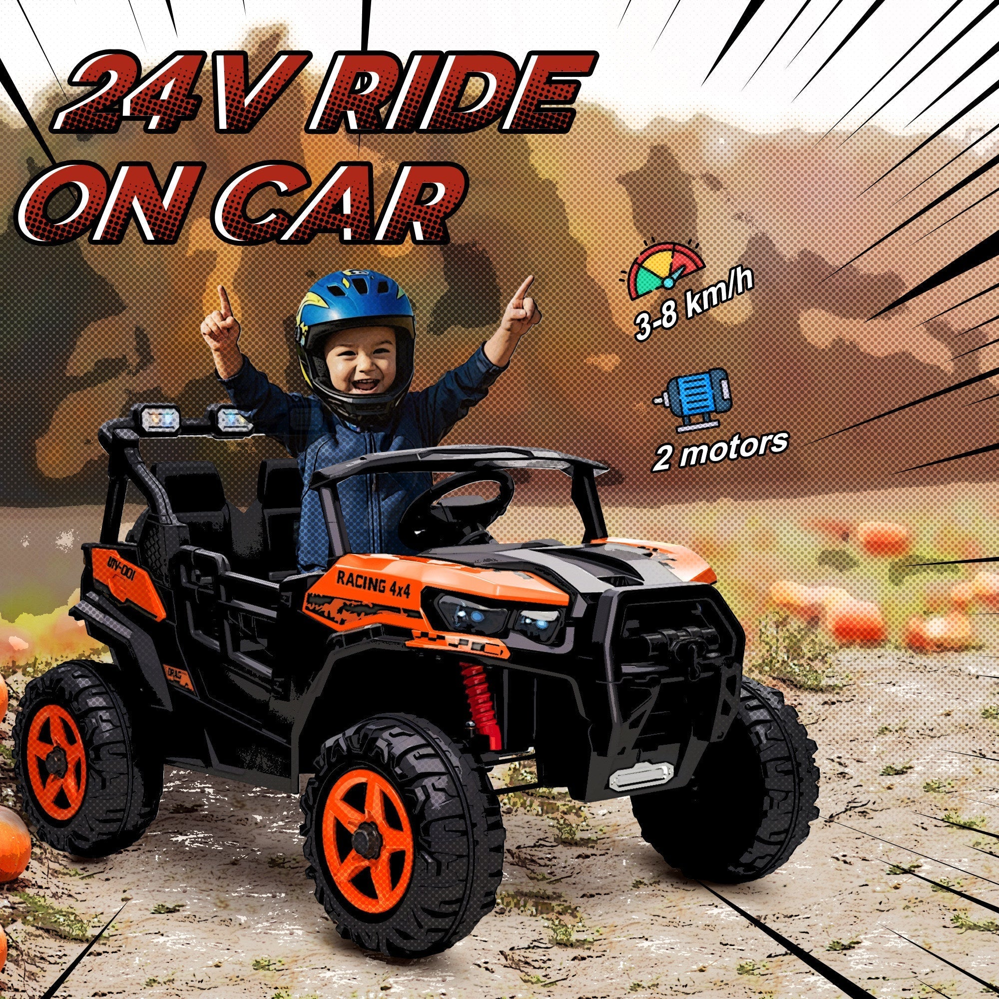 AIYAPLAY 24V Electric Ride on Car, 2-Seater Electric Car for Kids with Remote, Bluetooth, Soft Start, Suspension Spring, Orange - SGP Garden Ltd
