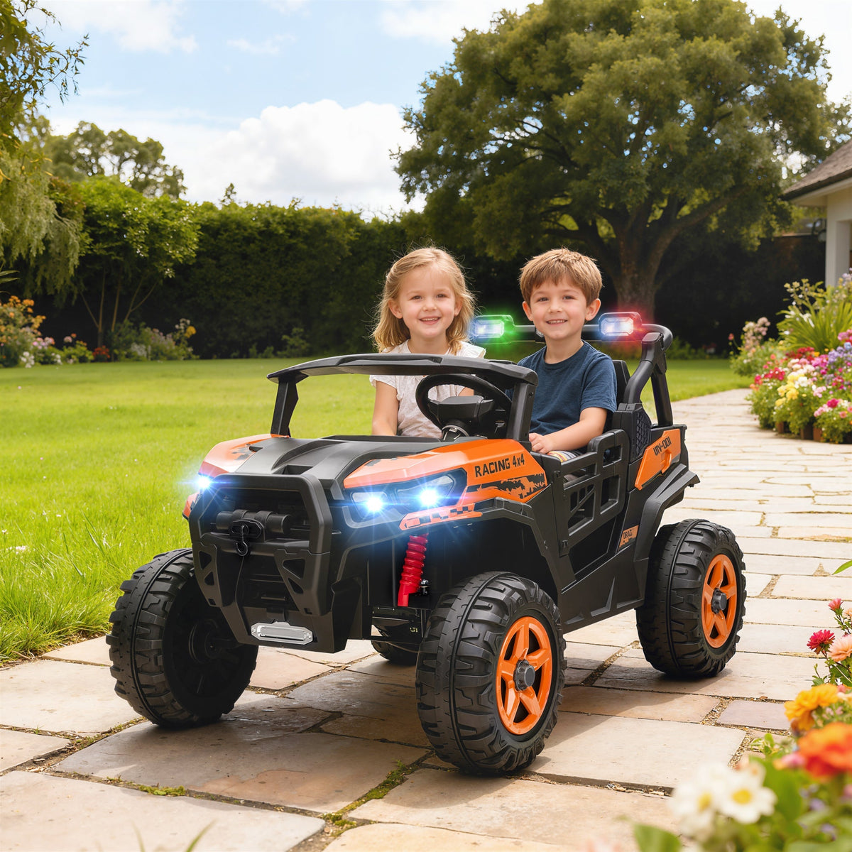 AIYAPLAY 24V Electric Ride on Car, 2-Seater Electric Car for Kids with Remote, Bluetooth, Soft Start, Suspension Spring, Orange - SGP Garden Ltd