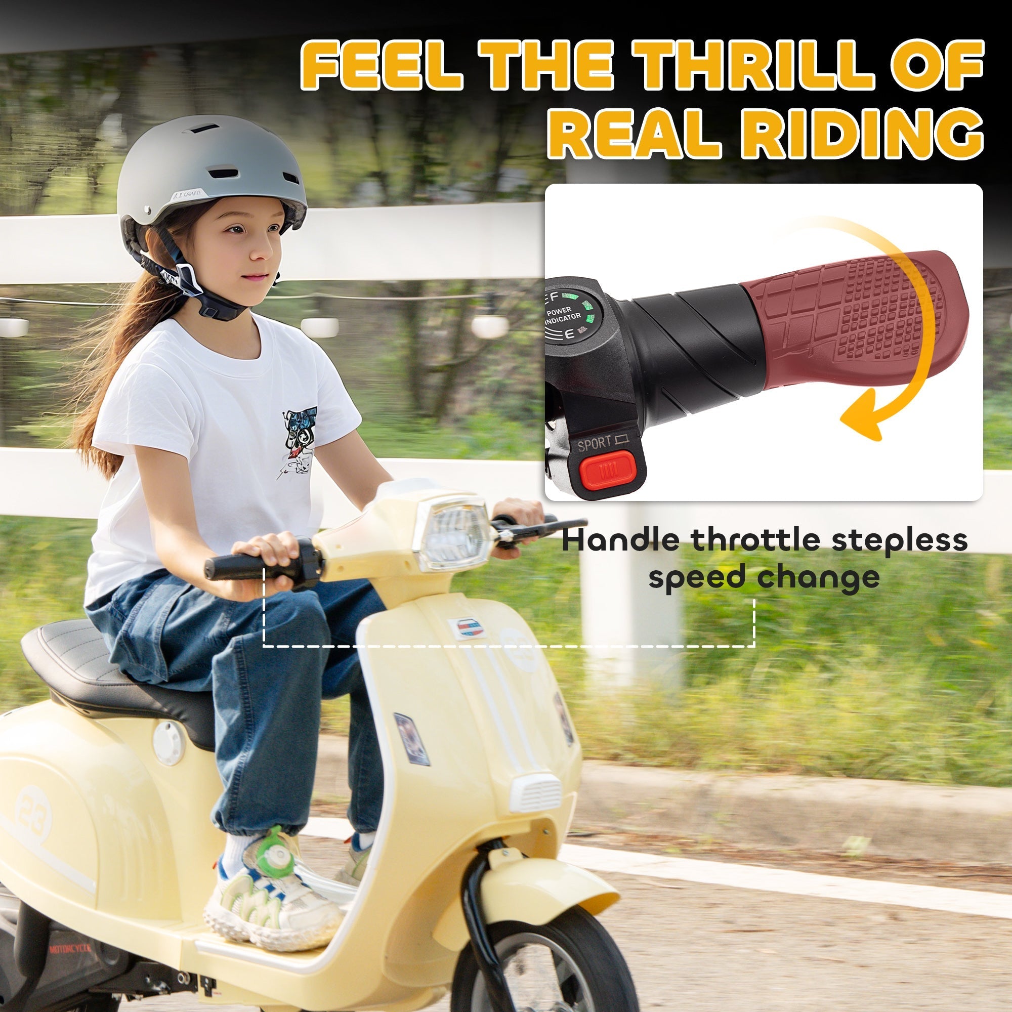 AIYAPLAY 24V Kids Electric Motorbike, Ride on Motorcycle with Manual Throttle, Brakes and LED Lights for Ages 8-12 Years, Beige - SGP Garden Ltd