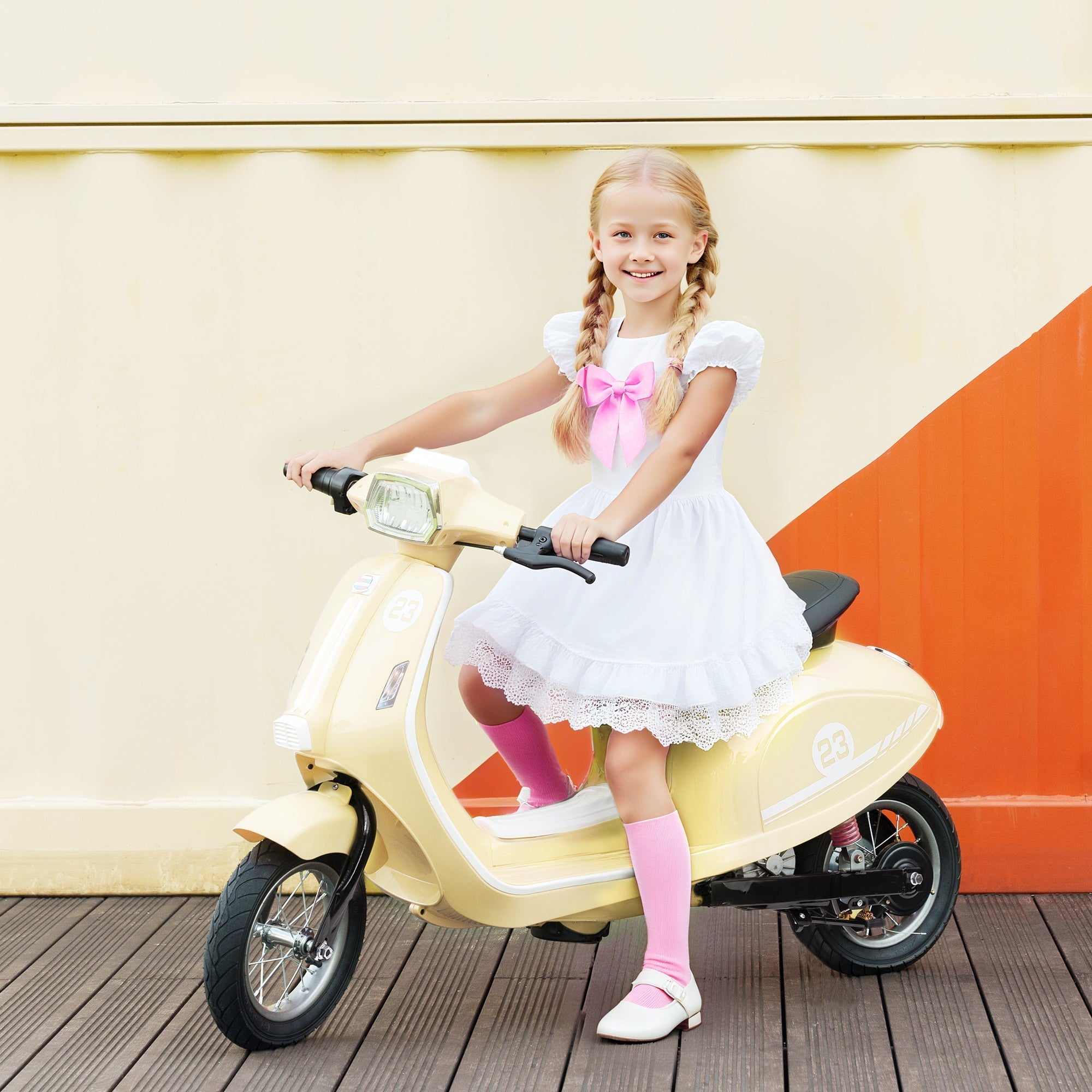 AIYAPLAY 24V Kids Electric Motorbike, Ride on Motorcycle with Manual Throttle, Brakes and LED Lights for Ages 8-12 Years, Beige - SGP Garden Ltd