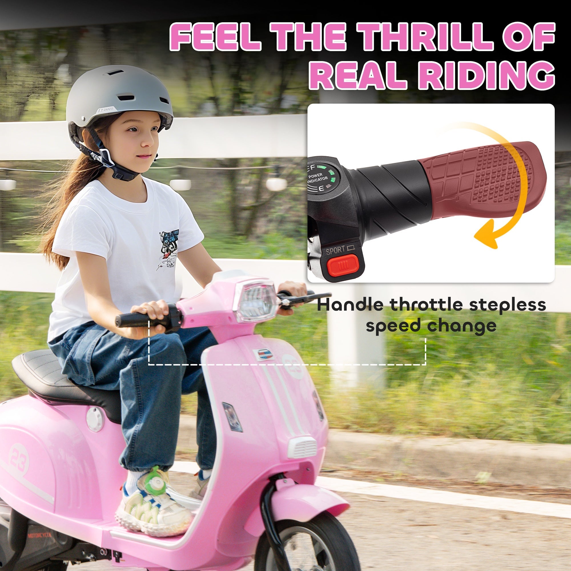 AIYAPLAY 24V Kids Electric Motorbike, Ride on Motorcycle with Manual Throttle, Brakes and LED Lights for Ages 8-12 Years, Pink - SGP Garden Ltd