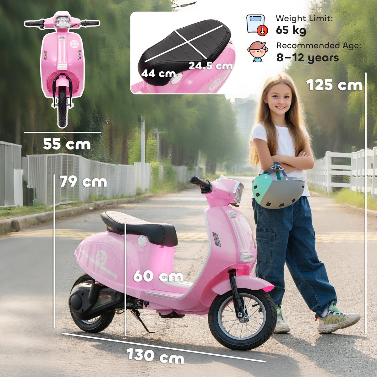 AIYAPLAY 24V Kids Electric Motorbike, Ride on Motorcycle with Manual Throttle, Brakes and LED Lights for Ages 8-12 Years, Pink - SGP Garden Ltd