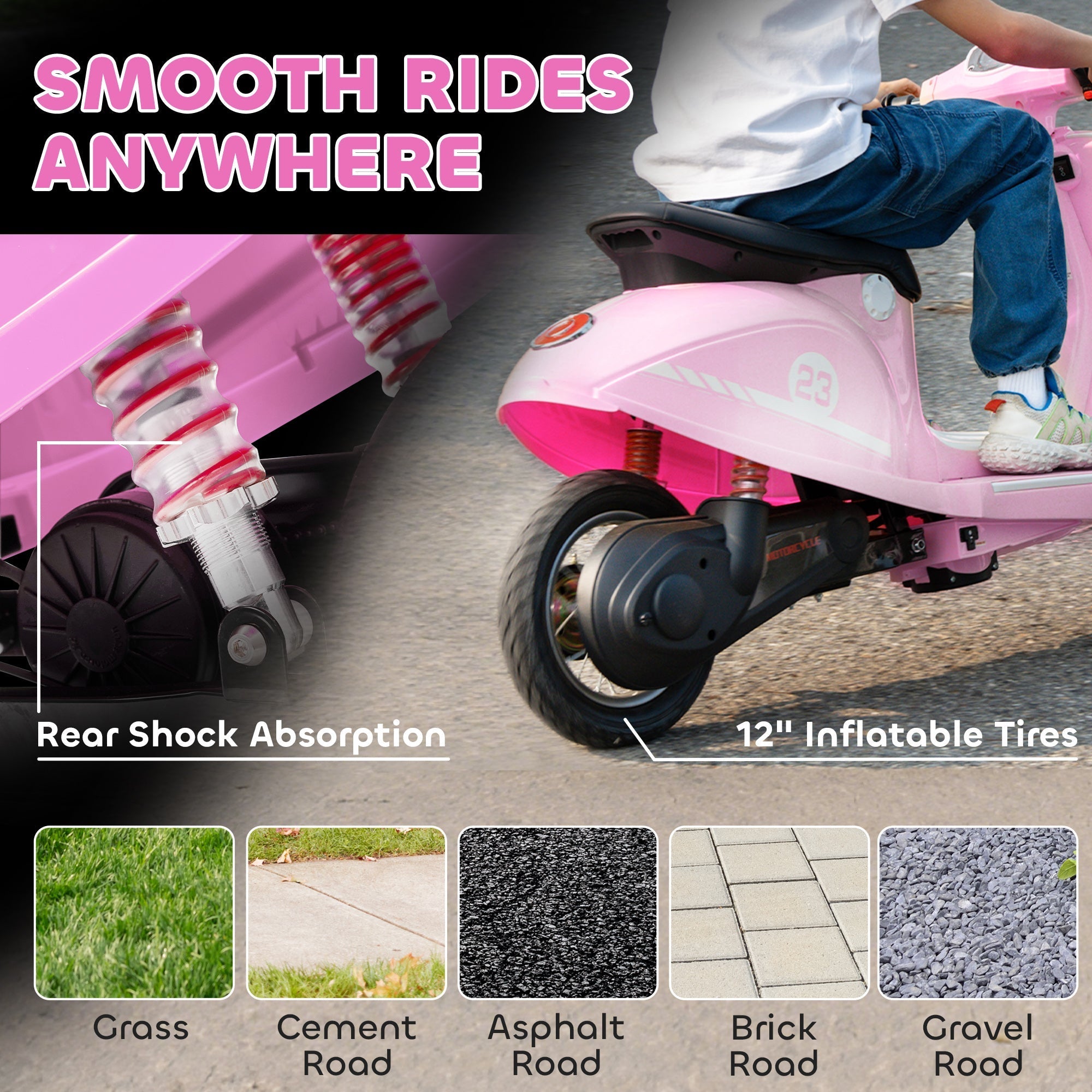 AIYAPLAY 24V Kids Electric Motorbike, Ride on Motorcycle with Manual Throttle, Brakes and LED Lights for Ages 8-12 Years, Pink - SGP Garden Ltd