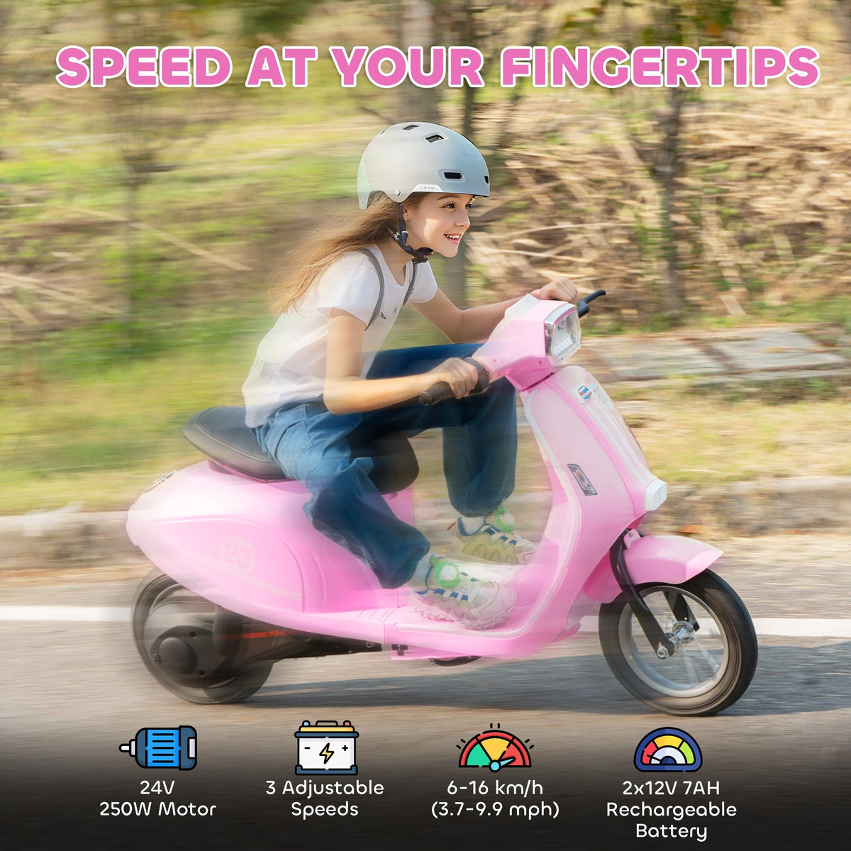 AIYAPLAY 24V Kids Electric Motorbike, Ride on Motorcycle with Manual Throttle, Brakes and LED Lights for Ages 8-12 Years, Pink - SGP Garden Ltd