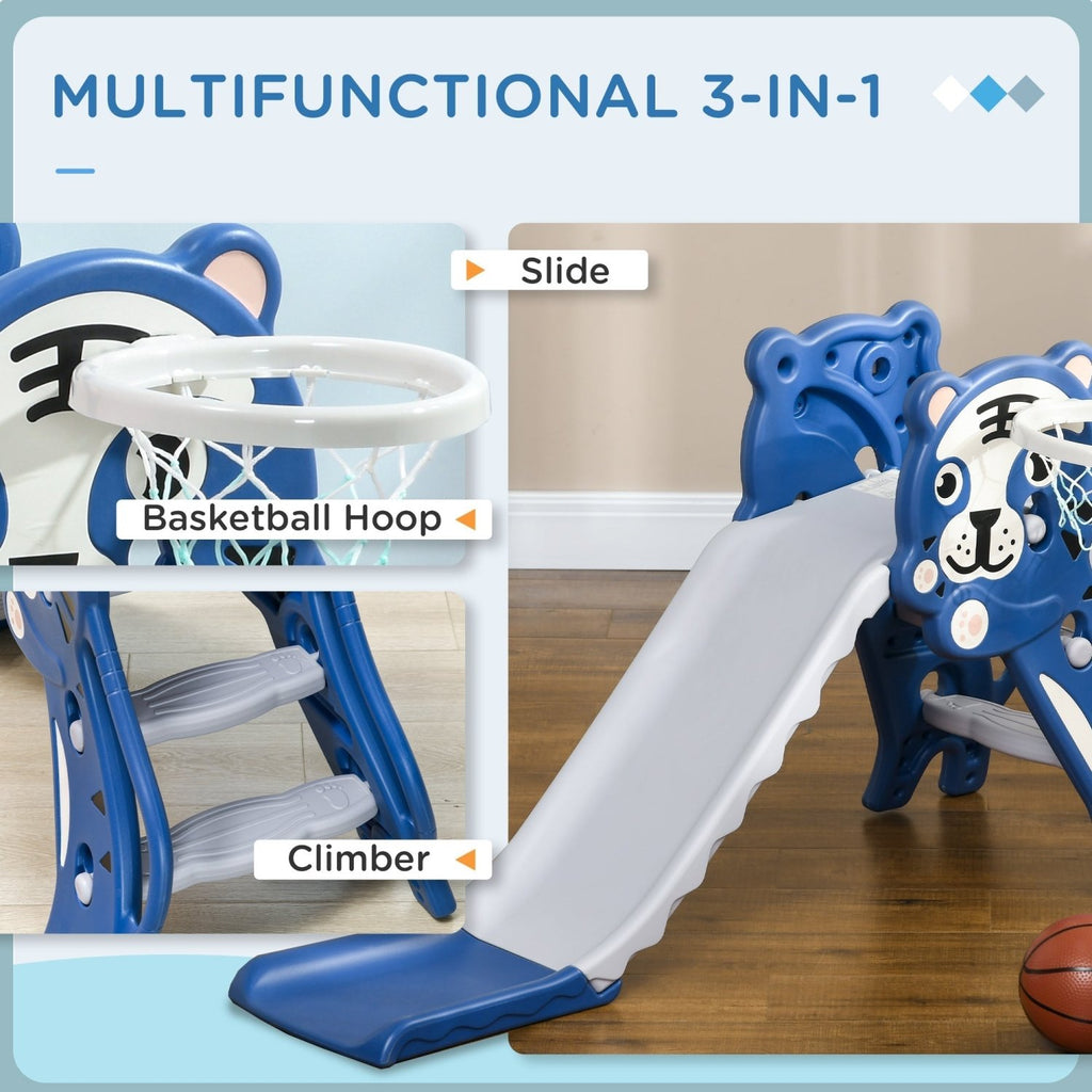 AIYAPLAY 3 in 1 Baby Slide for Indoor Use with Climber, Basketball Hoop, Basketball, for Ages 18-36 Months - Blue - SGP Garden Ltd