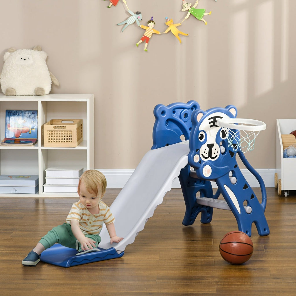 AIYAPLAY 3 in 1 Baby Slide for Indoor Use with Climber, Basketball Hoop, Basketball, for Ages 18-36 Months - Blue - SGP Garden Ltd
