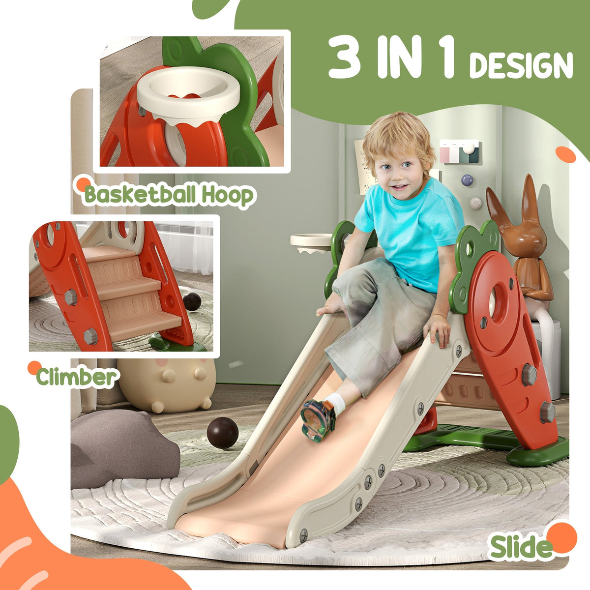 AIYAPLAY 3 in 1 Foldable Toddler Slide with Basketball Hoop, Climber, Carrot-themed, for 1-3 Years - SGP Garden Ltd
