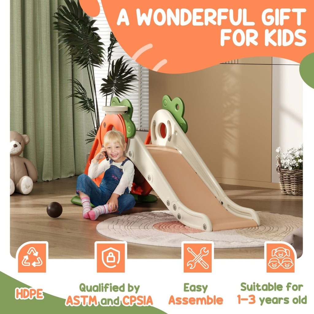 AIYAPLAY 3 in 1 Foldable Toddler Slide with Basketball Hoop, Climber, Carrot-themed, for 1-3 Years - SGP Garden Ltd