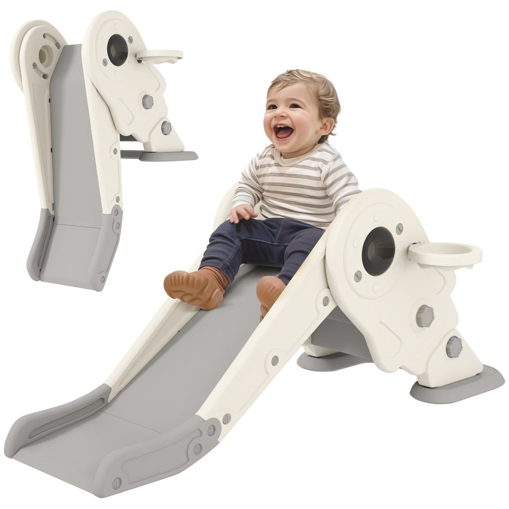 AIYAPLAY 3-in-1 Kids Slide with Basketball Hoop, Climber, Anti-Slip Steps for Toddlers, Ages 2-5 Years, Cream White - SGP Garden Ltd