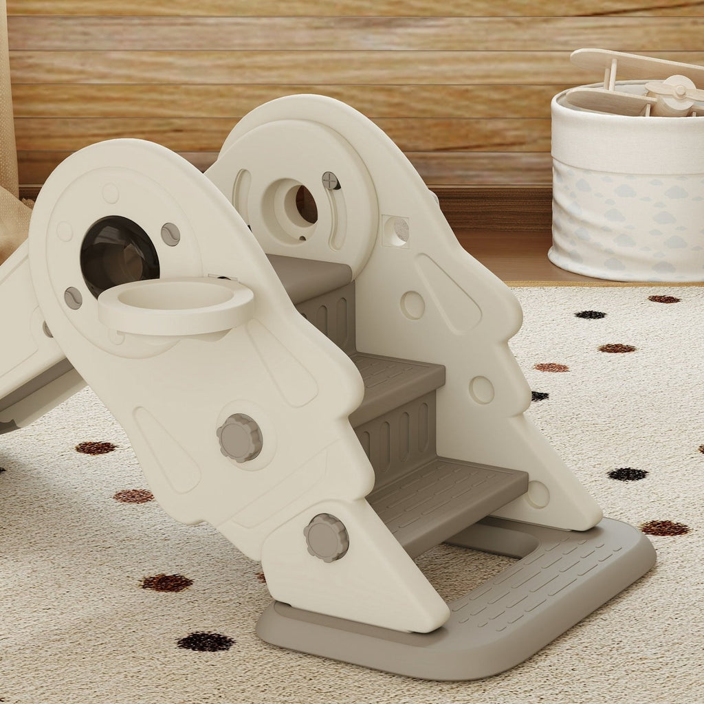 AIYAPLAY 3-in-1 Kids Slide with Basketball Hoop, Climber, Anti-Slip Steps for Toddlers, Ages 2-5 Years, Cream White - SGP Garden Ltd