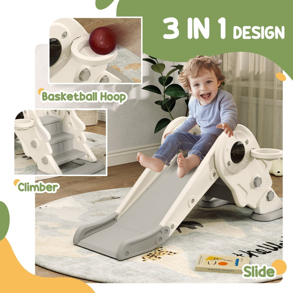 AIYAPLAY 3-in-1 Kids Slide with Basketball Hoop, Climber, Anti-Slip Steps for Toddlers, Ages 2-5 Years, Cream White - SGP Garden Ltd