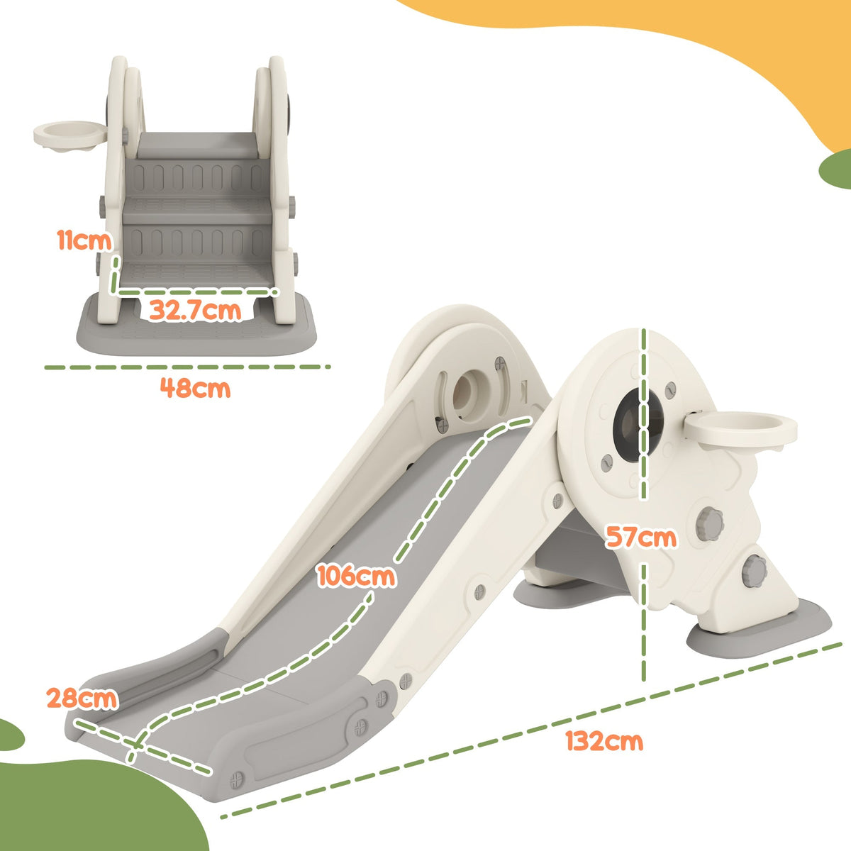 AIYAPLAY 3-in-1 Kids Slide with Basketball Hoop, Climber, Anti-Slip Steps for Toddlers, Ages 2-5 Years, Cream White - SGP Garden Ltd