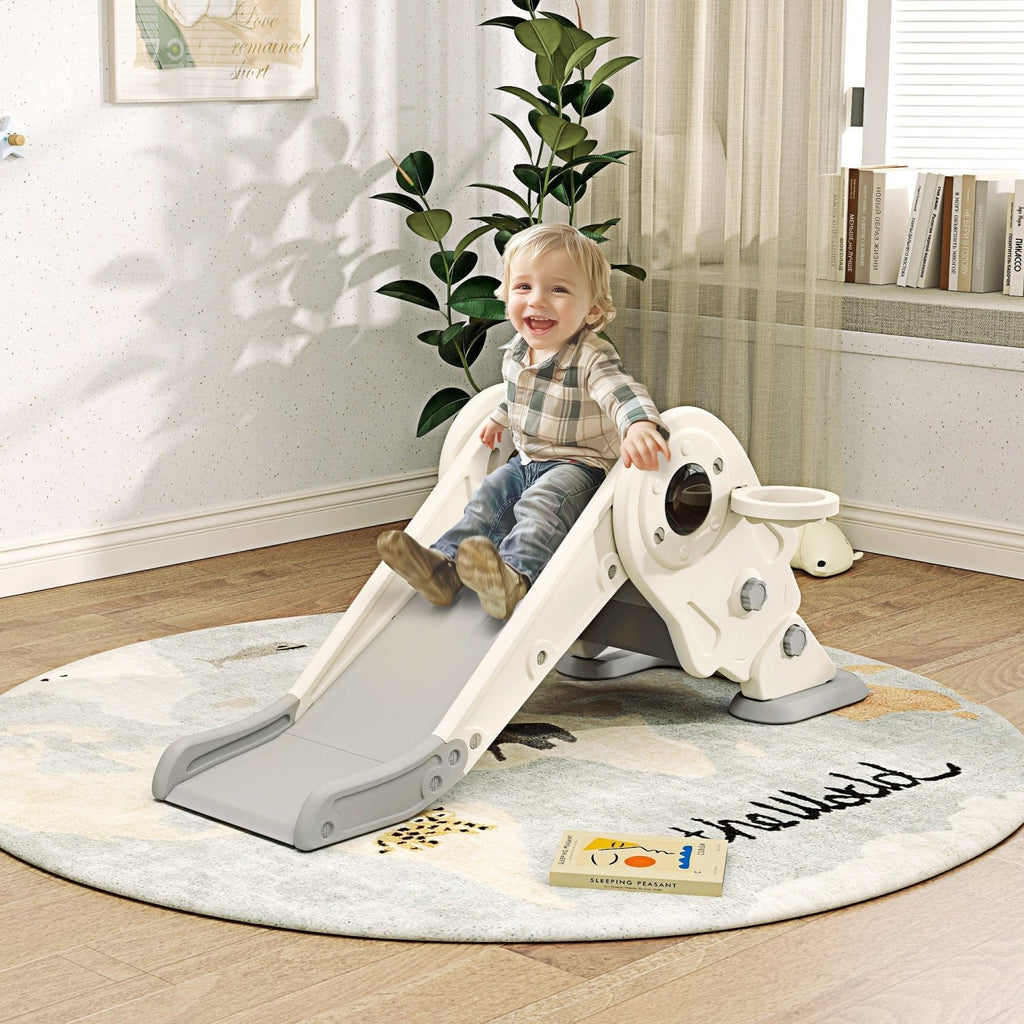 AIYAPLAY 3-in-1 Kids Slide with Basketball Hoop, Climber, Anti-Slip Steps for Toddlers, Ages 2-5 Years, Cream White - SGP Garden Ltd