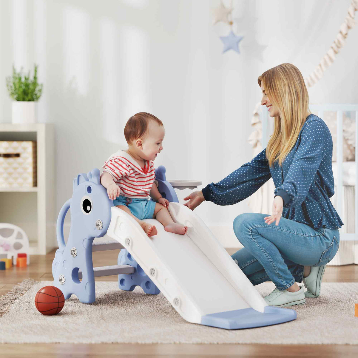 AIYAPLAY 3 in 1 Kids Slide with Climber, Basketball Hoop and Ball, Giraffe Shape Climber Slide for Indoor Kids Age 1-3, Blue - SGP Garden Ltd
