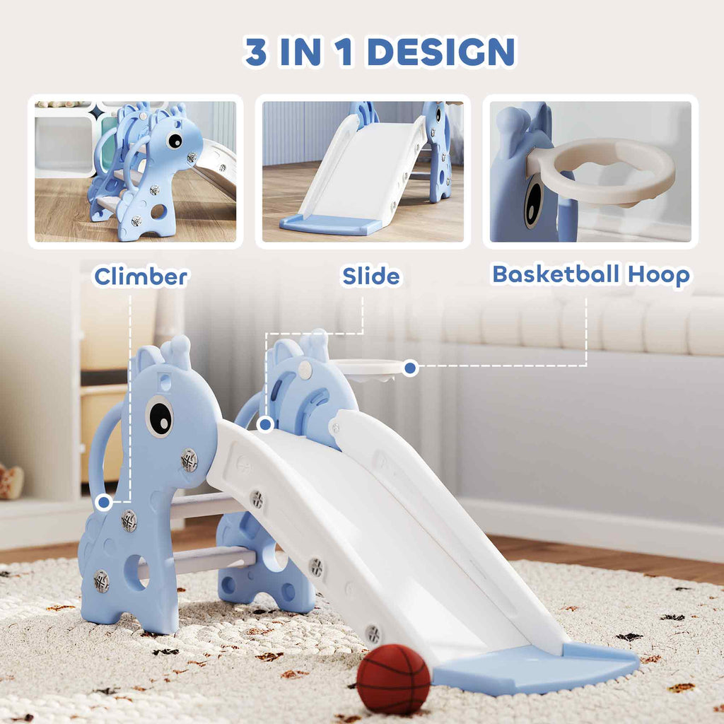 AIYAPLAY 3 in 1 Kids Slide with Climber, Basketball Hoop and Ball, Giraffe Shape Climber Slide for Indoor Kids Age 1-3, Blue - SGP Garden Ltd