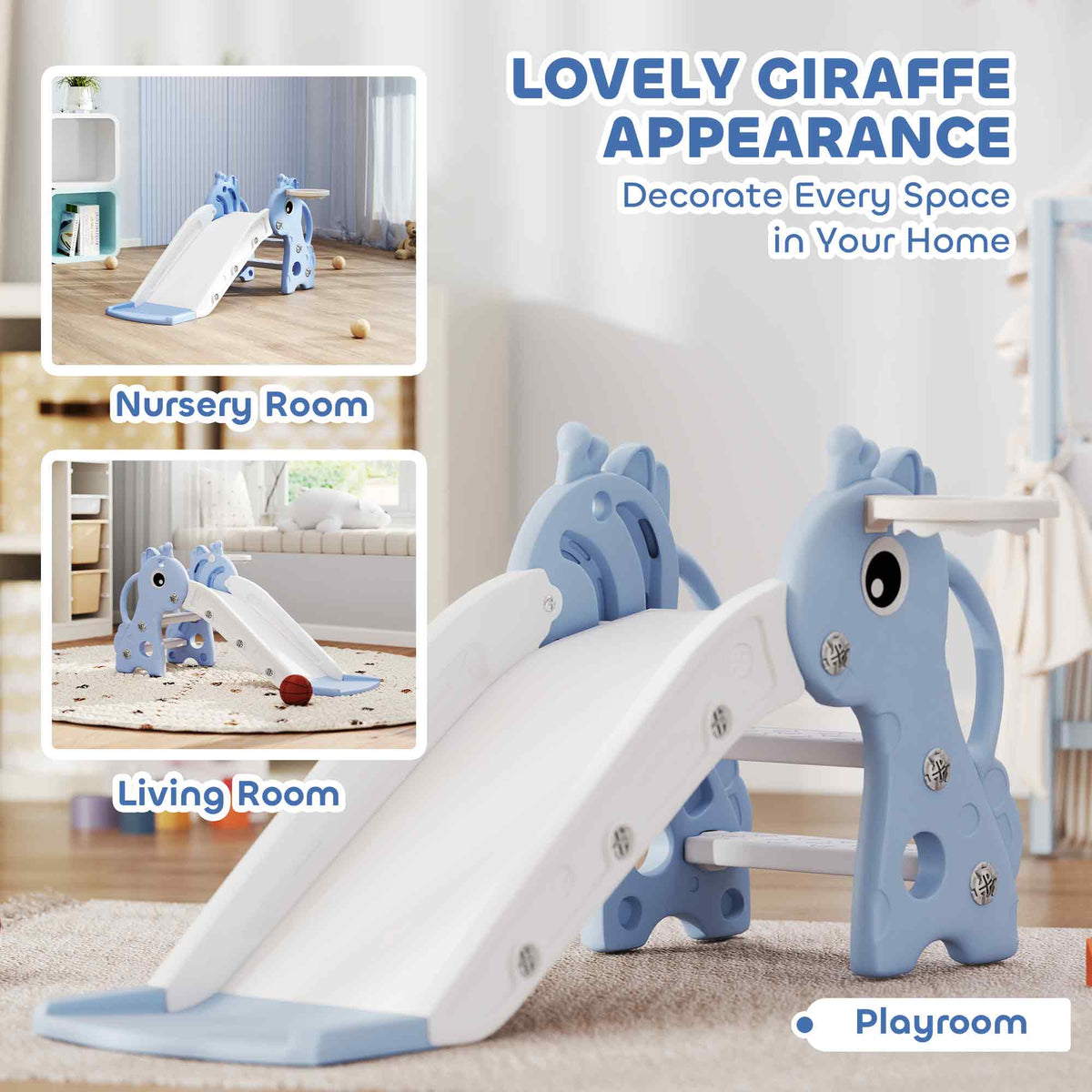 AIYAPLAY 3 in 1 Kids Slide with Climber, Basketball Hoop and Ball, Giraffe Shape Climber Slide for Indoor Kids Age 1-3, Blue - SGP Garden Ltd