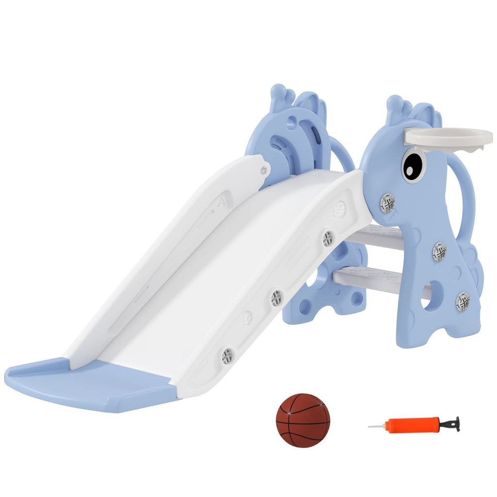 AIYAPLAY 3 in 1 Kids Slide with Climber, Basketball Hoop and Ball, Giraffe Shape Climber Slide for Indoor Kids Age 1-3, Blue - SGP Garden Ltd