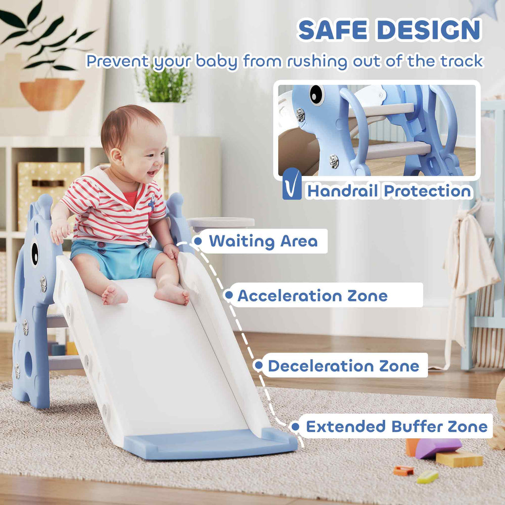 AIYAPLAY 3 in 1 Kids Slide with Climber, Basketball Hoop and Ball, Giraffe Shape Climber Slide for Indoor Kids Age 1-3, Blue - SGP Garden Ltd
